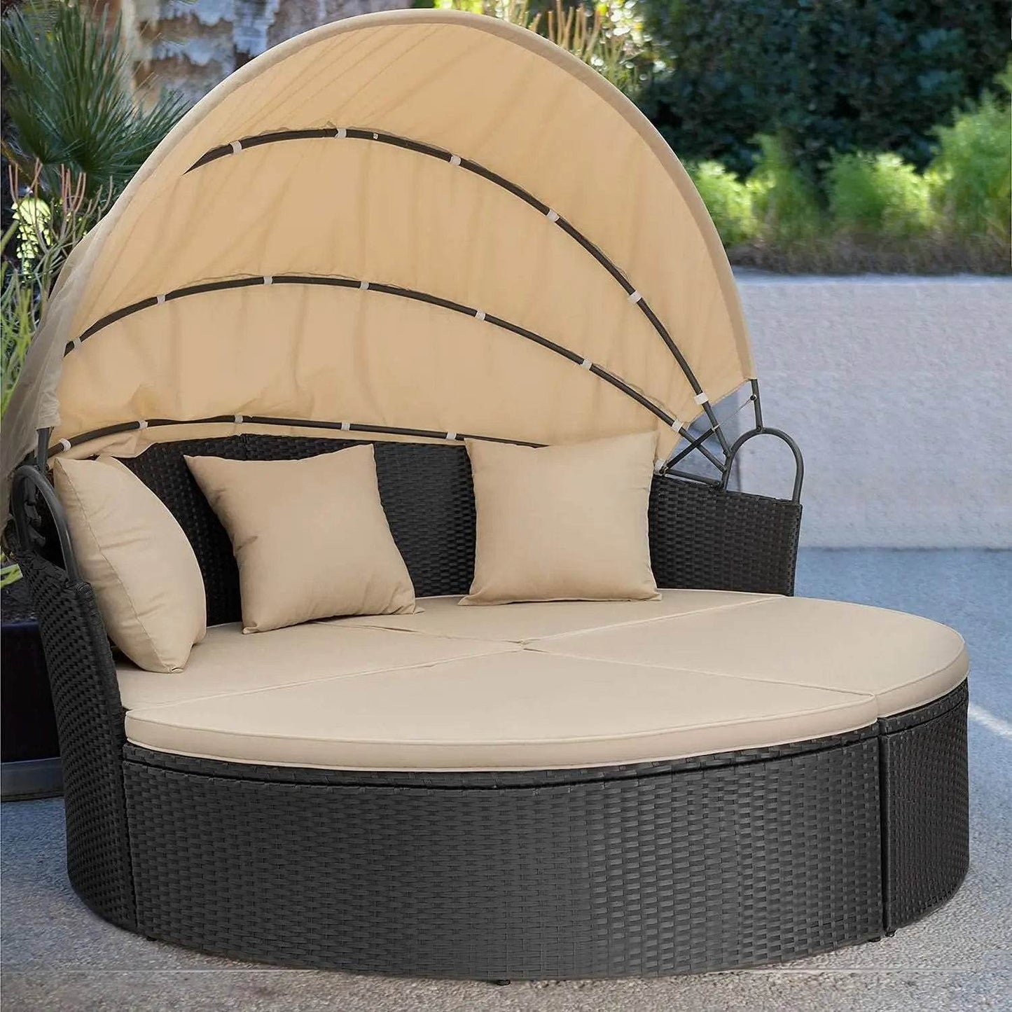 Patio Outdoor Daybed with Retractable Canopy Rattan Wicker Seating - Loft&Timber