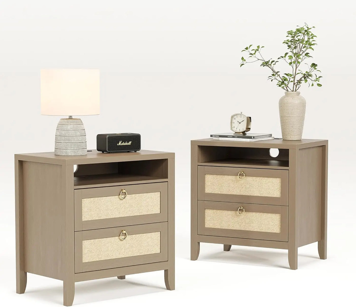 23.6" Rattan Night Stand Set of 2, Boho Nightstands with Charging Station, 2 Drawers and Strage Shelf, Large Night Stand