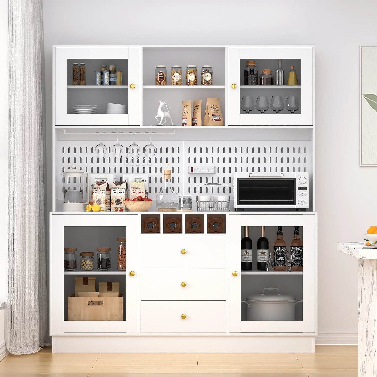 Pantry Cabinet, Kitchen Storage Cabinet, Freestanding Buffet Hutch with Pegboard, Cup Holder, Power Outlet, Black - Loft&Timber