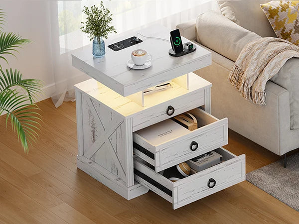 JDPAG Farmhouse Nightstand with Lockable Gun Drawer,3 Color Dimmable LED End Table with Charging Station,Bedside Table with Huma