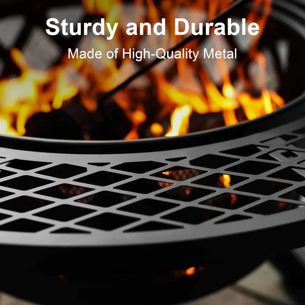 Fire Pit with Poker, 32 inch Outdoor Fire Pit Patio, Wood Burning Firepits for Outside with Grill - Loft&Timber