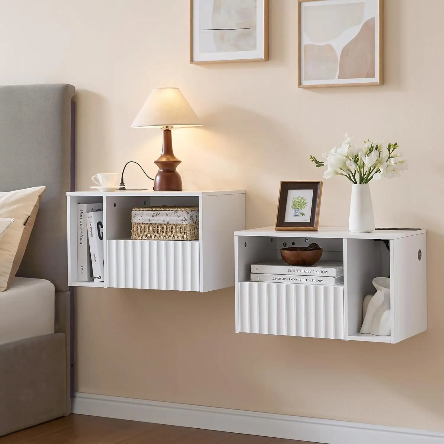 Floating Nightstand with Charging Station - Modern Rustic Brown Fluted Bedside Table with Drawer, USB Ports & Outlets (Set of 2)