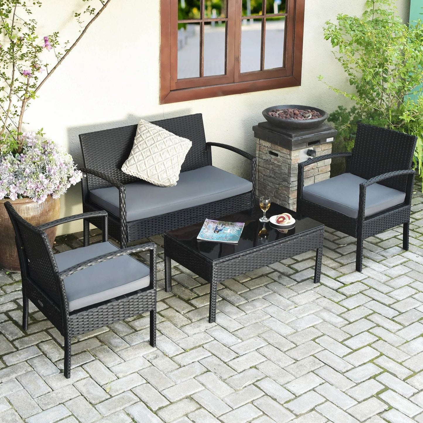 4 PCS Patio Rattan Furniture Set Garden Deck - Loft&Timber