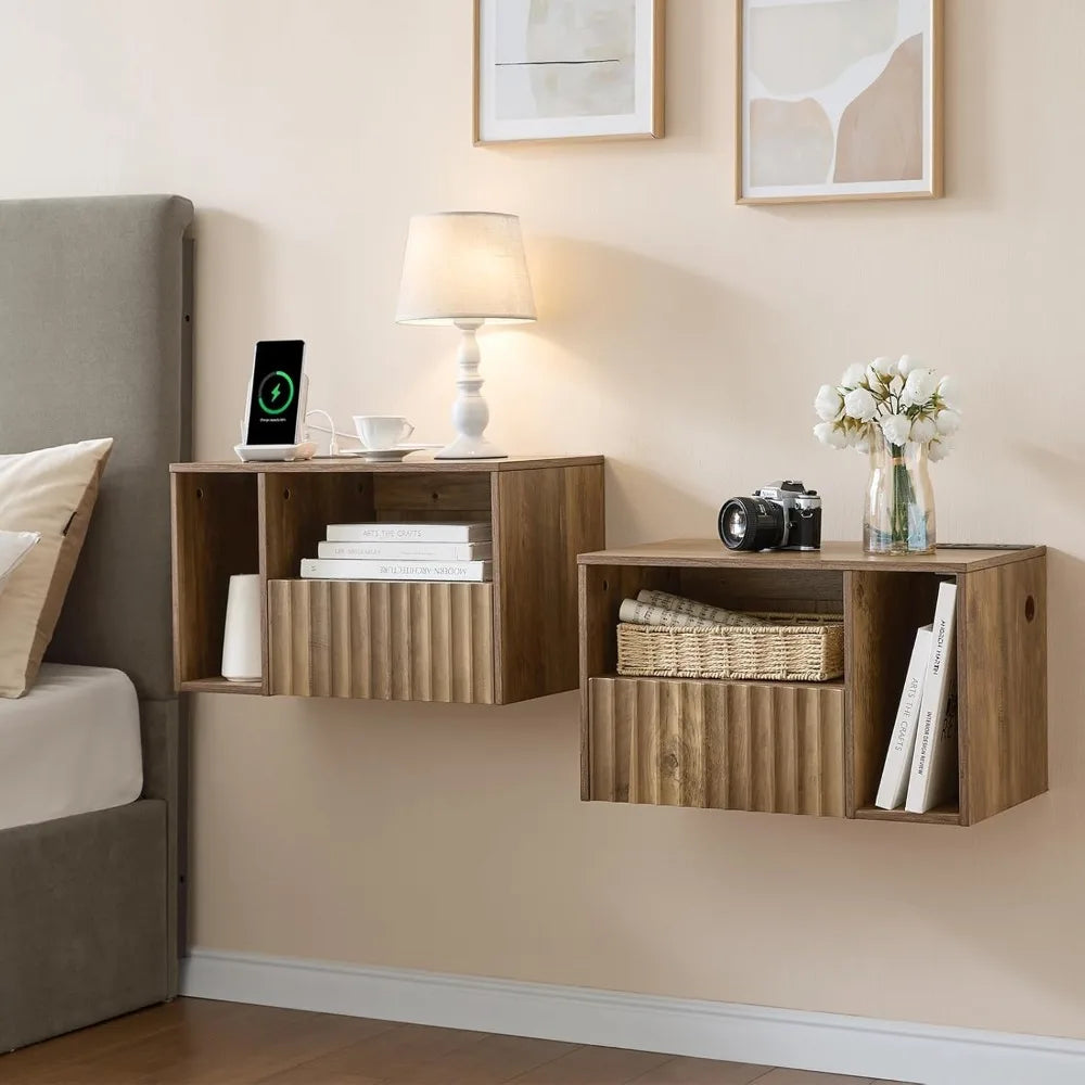 Floating Nightstand with Charging Station - Modern Rustic Brown Fluted Bedside Table with Drawer, USB Ports & Outlets (Set of 2)