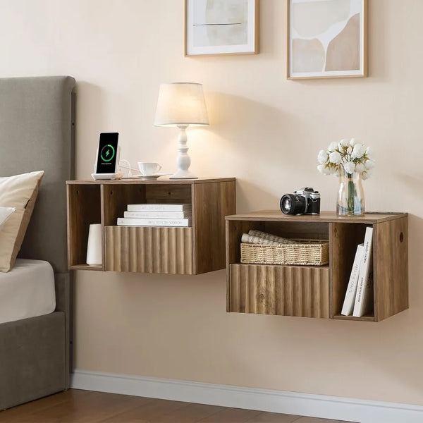 Floating Nightstand with Charging Station - Modern Rustic Brown Fluted Bedside Table with Drawer, USB Ports & Outlets (Set of 2)