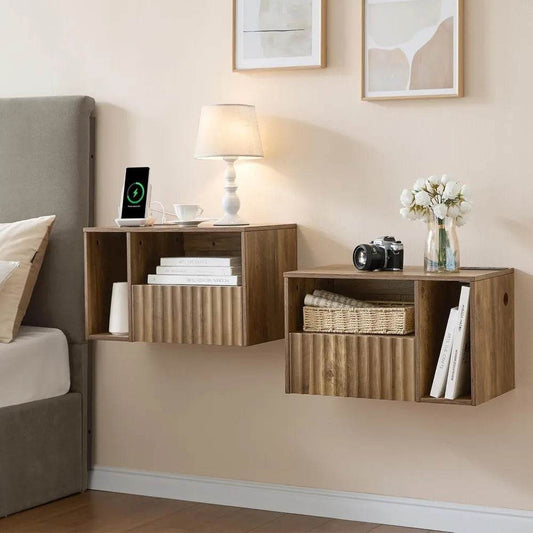 Floating Nightstand with Charging Station - Modern Rustic Brown (Set of 2) - Loft&Timber