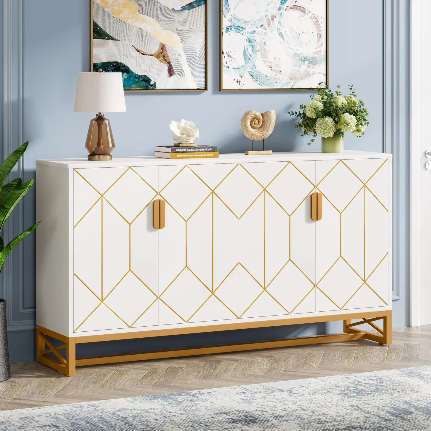Tribesigns 59" White Gold Buffet Cabinet with Storage - Loft&Timber