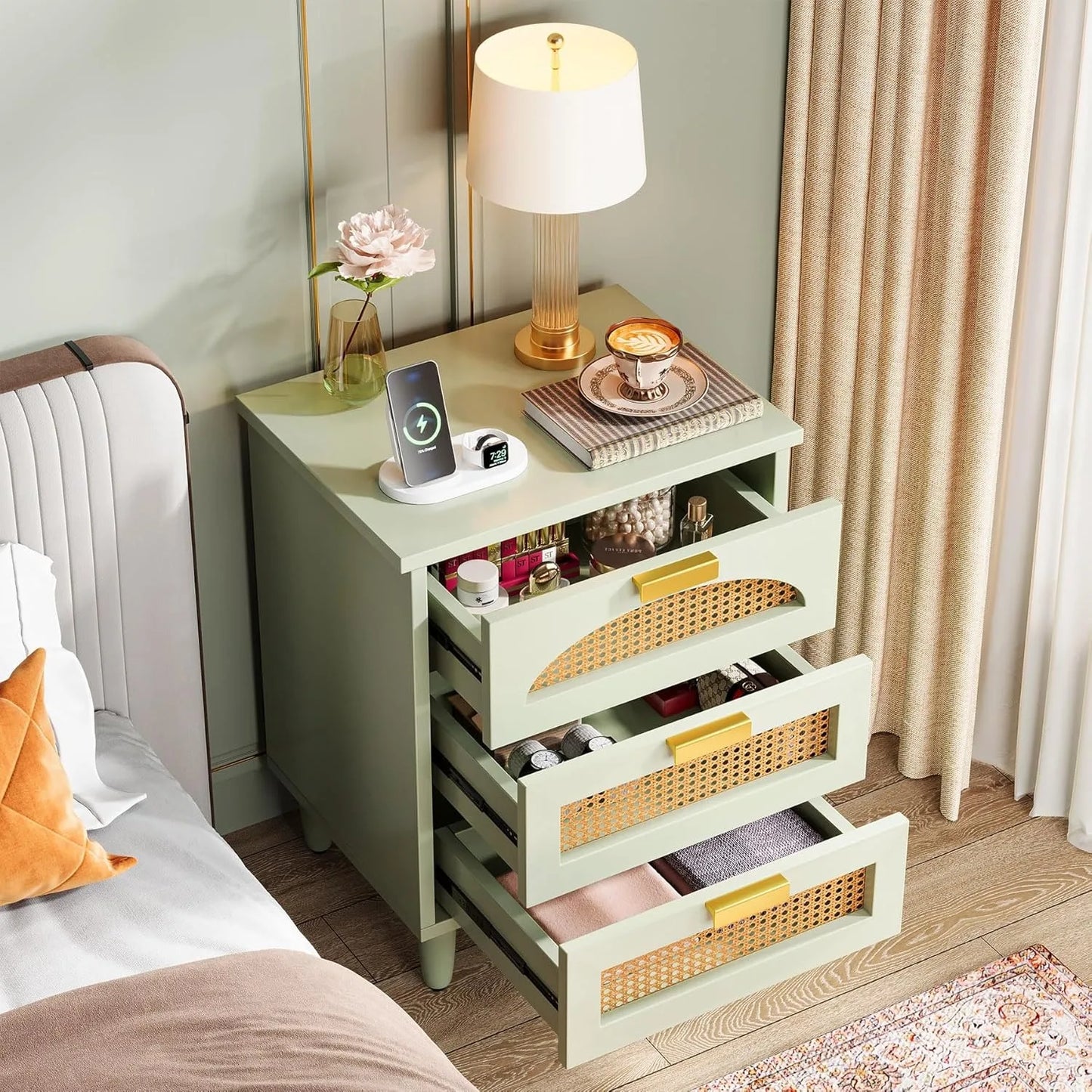 Mint Green Nightstand, 3-Drawer Rattan Night Stand Side Table, Accent Bedside Tables End Table for Bedroom and Small Spaces