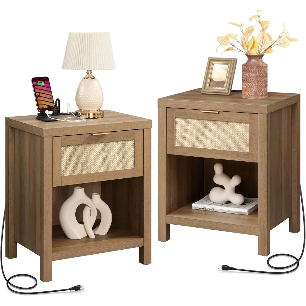 Rattan Nightstands Set of 2 - Farmhouse Night Stand with Drawer and Storage Shelf - Boho Bedside Table End Side Table
