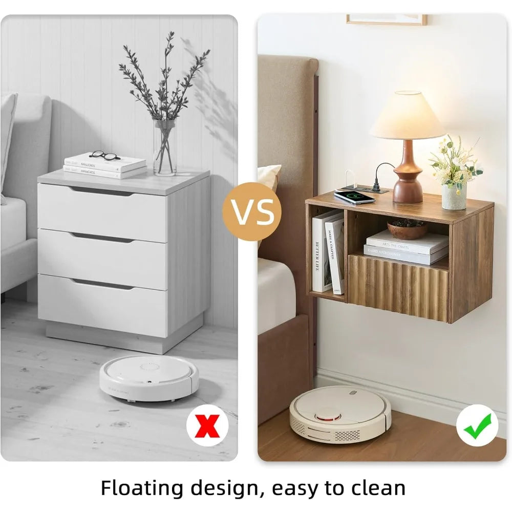 Floating Nightstand with Charging Station - Modern Rustic Brown Fluted Bedside Table with Drawer, USB Ports & Outlets (Set of 2)