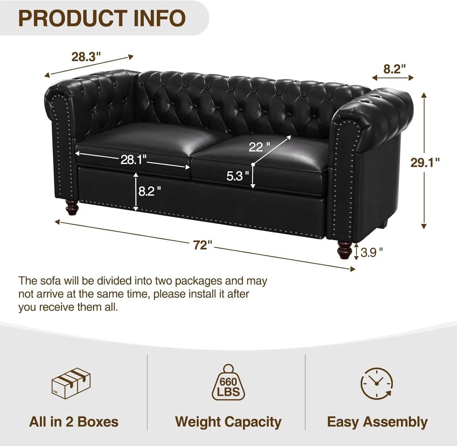 Chesterfield Faux Leather Sofa Couch with Wooden Legs - Loft&Timber