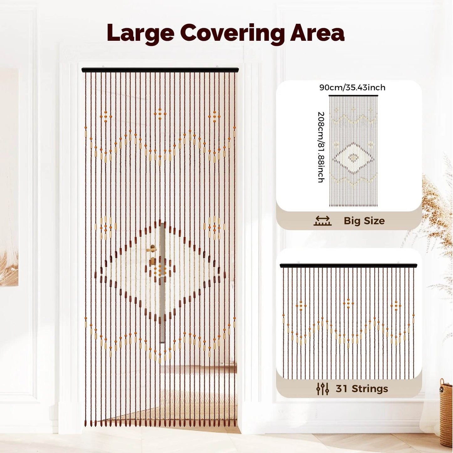 90x208cm 31 Line Retro Wooden Bead Curtain Door - Loft&Timber