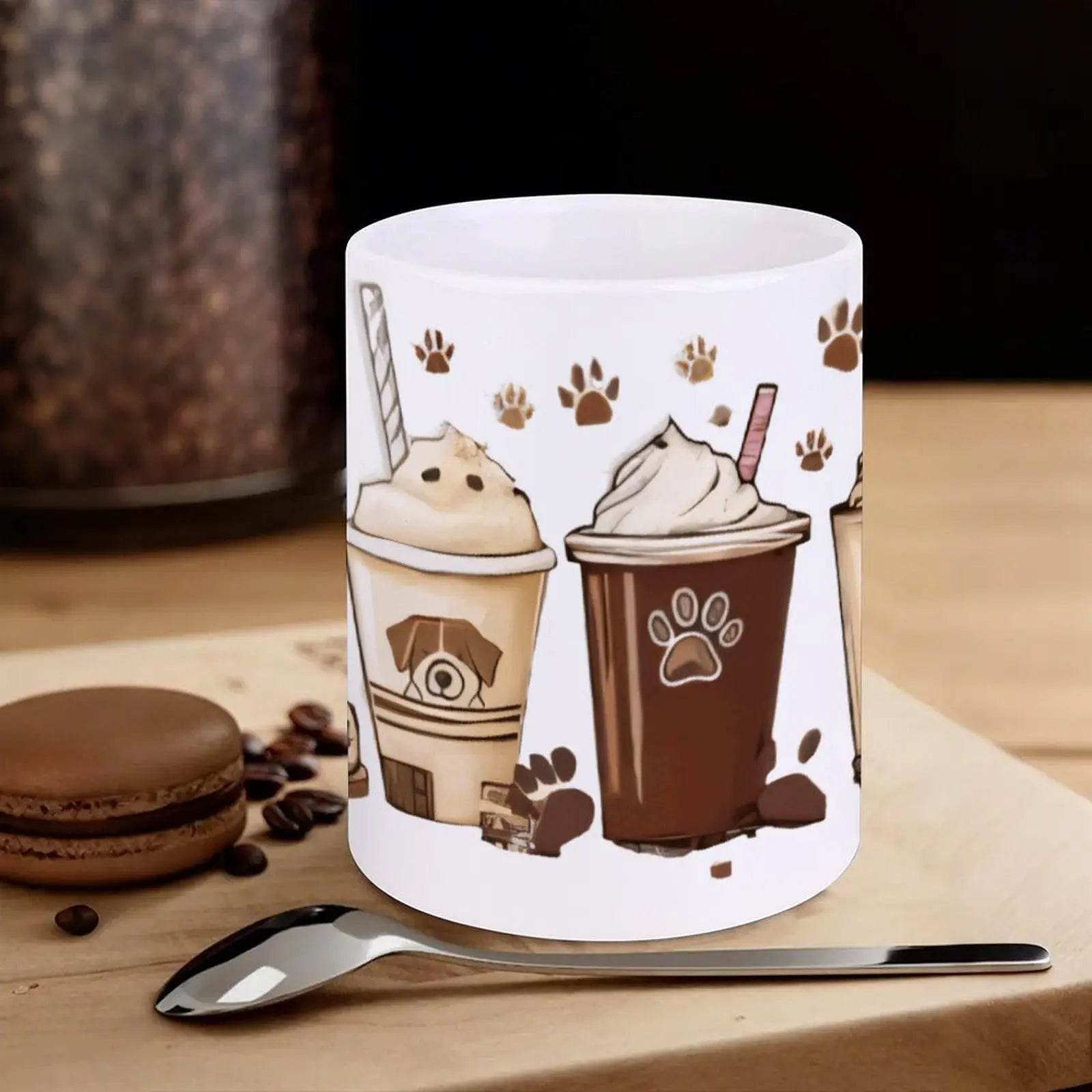 Four Coffee Cups With Paw Prints And Ice Cream. Coffee Cups, 330ml White Ceramic Sublimation Cups - Loft&Timber