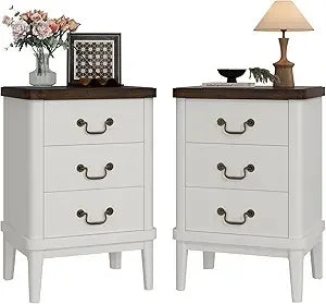 Farmhouse Nightstand with 3 Drawers,Modern Bedside Table with Round Curved Corner and Metal Handles, Wood End Side Table for Li