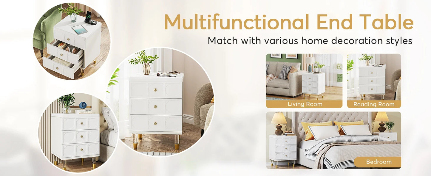 Tribesigns 3-Drawer Nightstand Tall White and Gold Bedside Table with Drawers, Versatile Modern White Night Stand with Storage