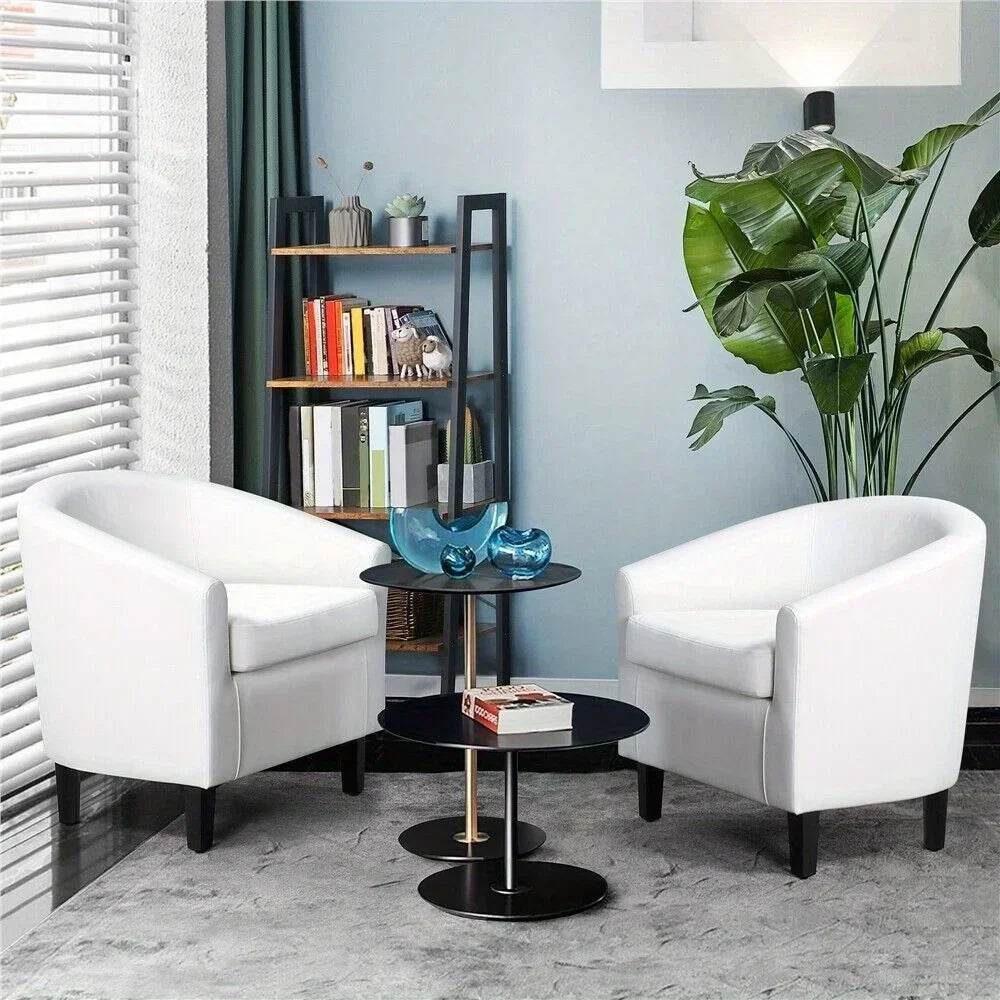 White Accent Faux Leather Barrel Chairs, Modern Comfy Club Chairs with Sturdy Wood Legs for Bedroom/Reading/Room/Waiting Room - Loft&Timber