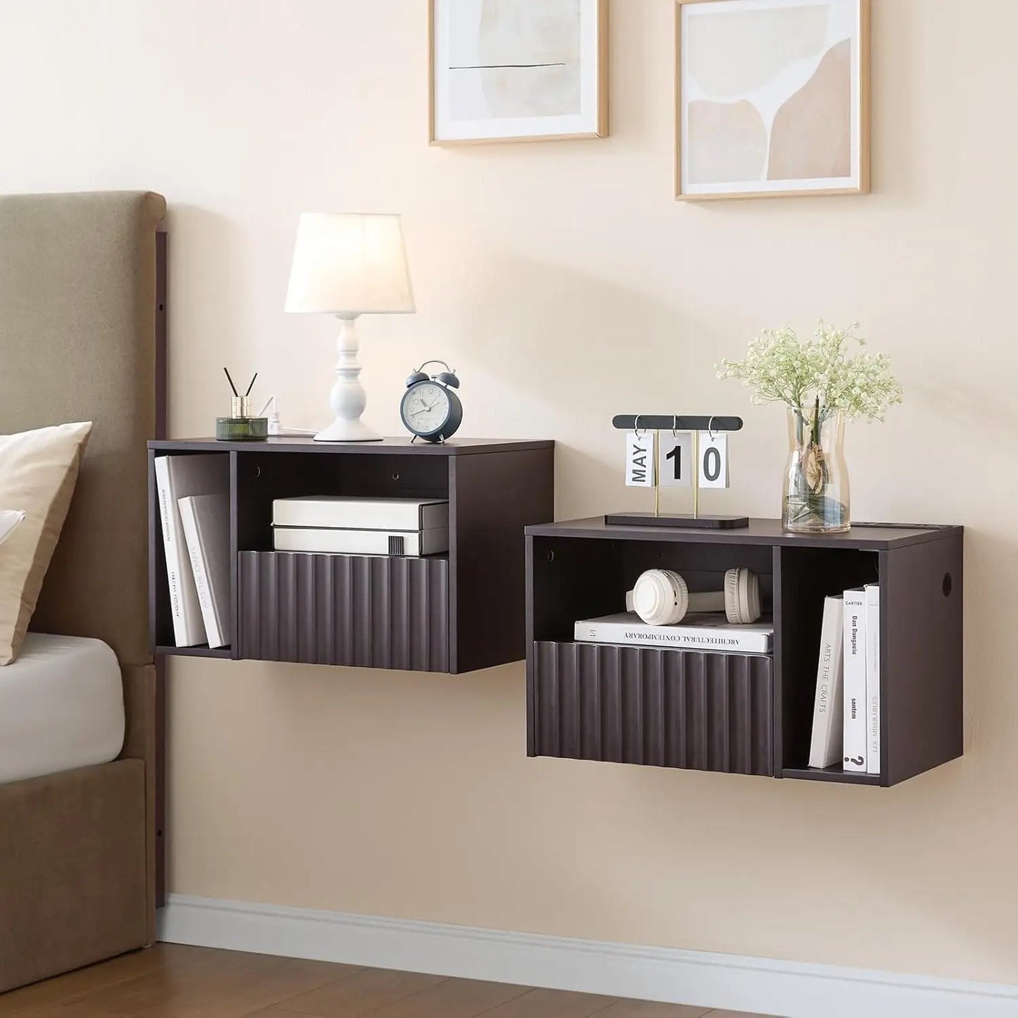 Floating Nightstand with Charging Station - Modern Rustic Brown Fluted Bedside Table with Drawer, USB Ports & Outlets (Set of 2)
