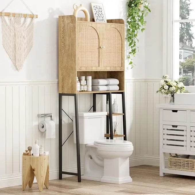 adjustable shelf rattan toilet storage cabinet with ample space and bathroom organizer - Loft&Timber