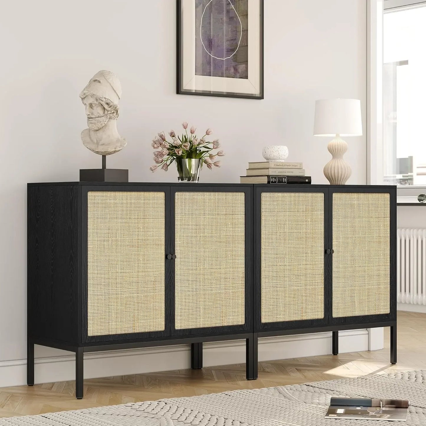 63" Wide Set of 2 Sideboard Cabinet with Natural Rattan Decorated Doors - Loft&Timber
