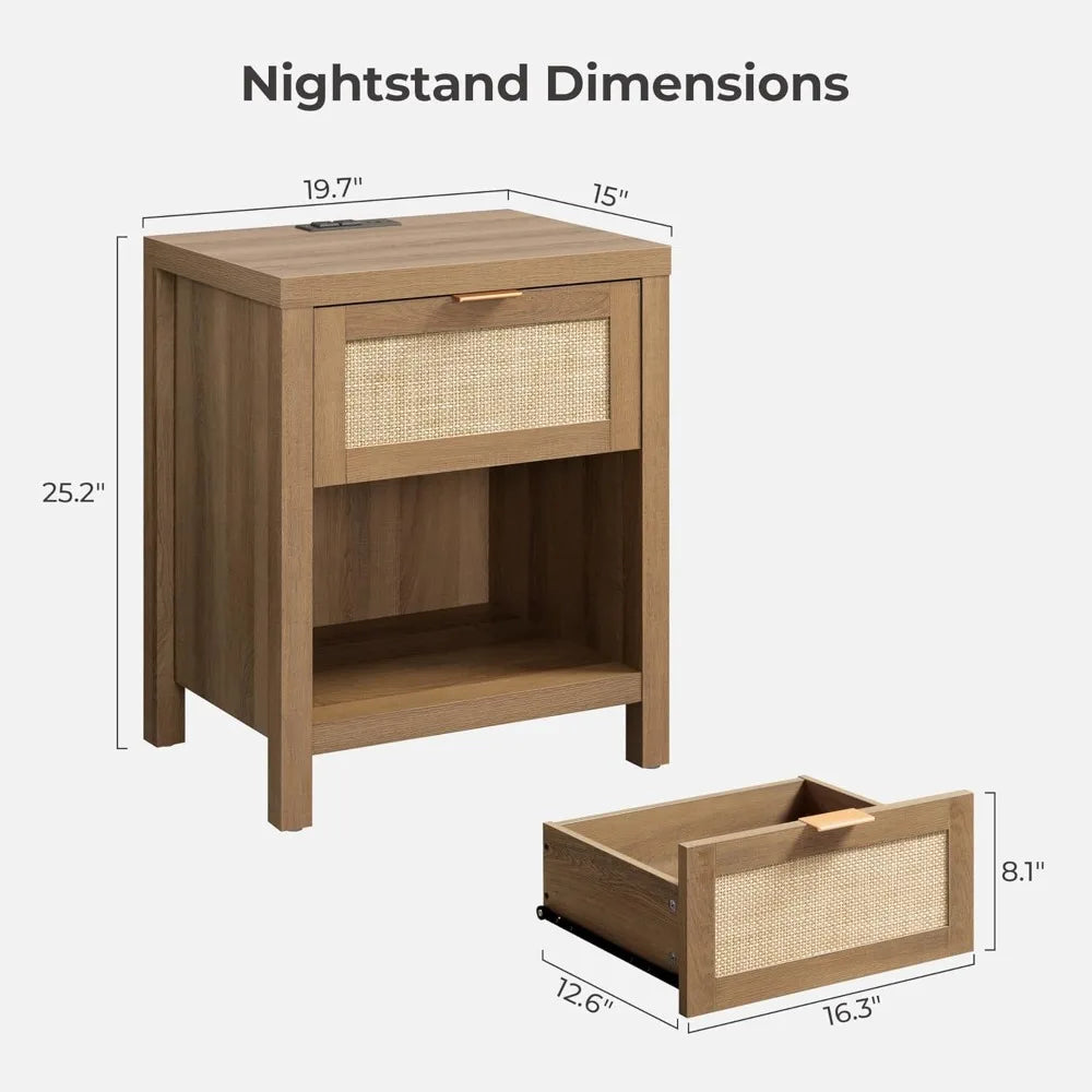 Rattan Nightstands Set of 2 - Farmhouse Night Stand with Drawer and Storage Shelf - Boho Bedside Table End Side Table
