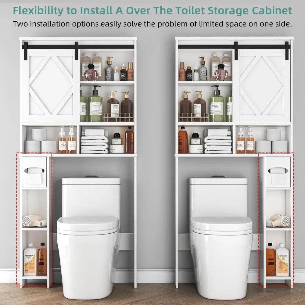 farmhouse style toilet storage cabinet with sliding barn door and integrated toilet paper stand organizer - Loft&Timber