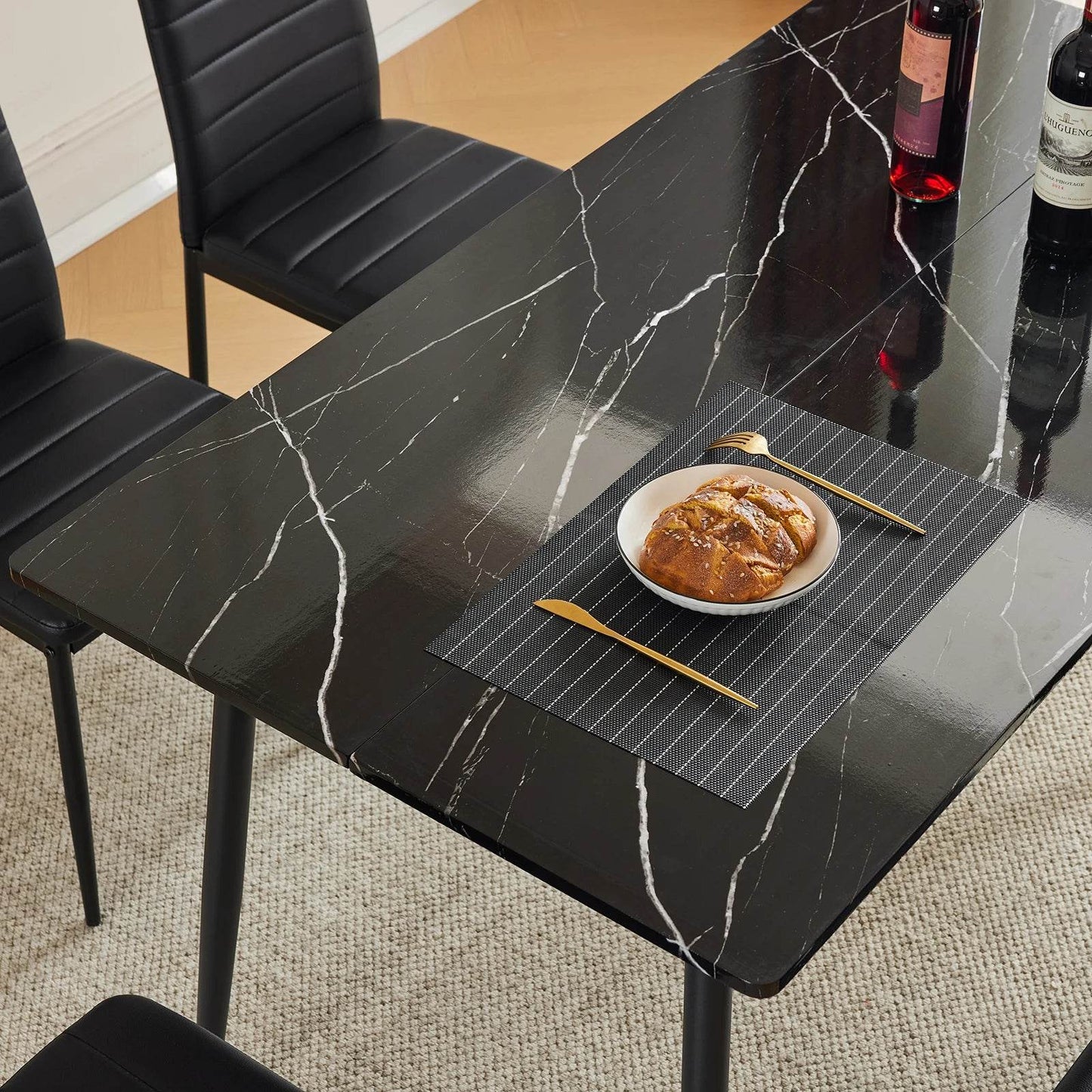 Rectangular table with arc MDF Black tabletop splicing PVC marble surface 140*76*76cm - Loft&Timber