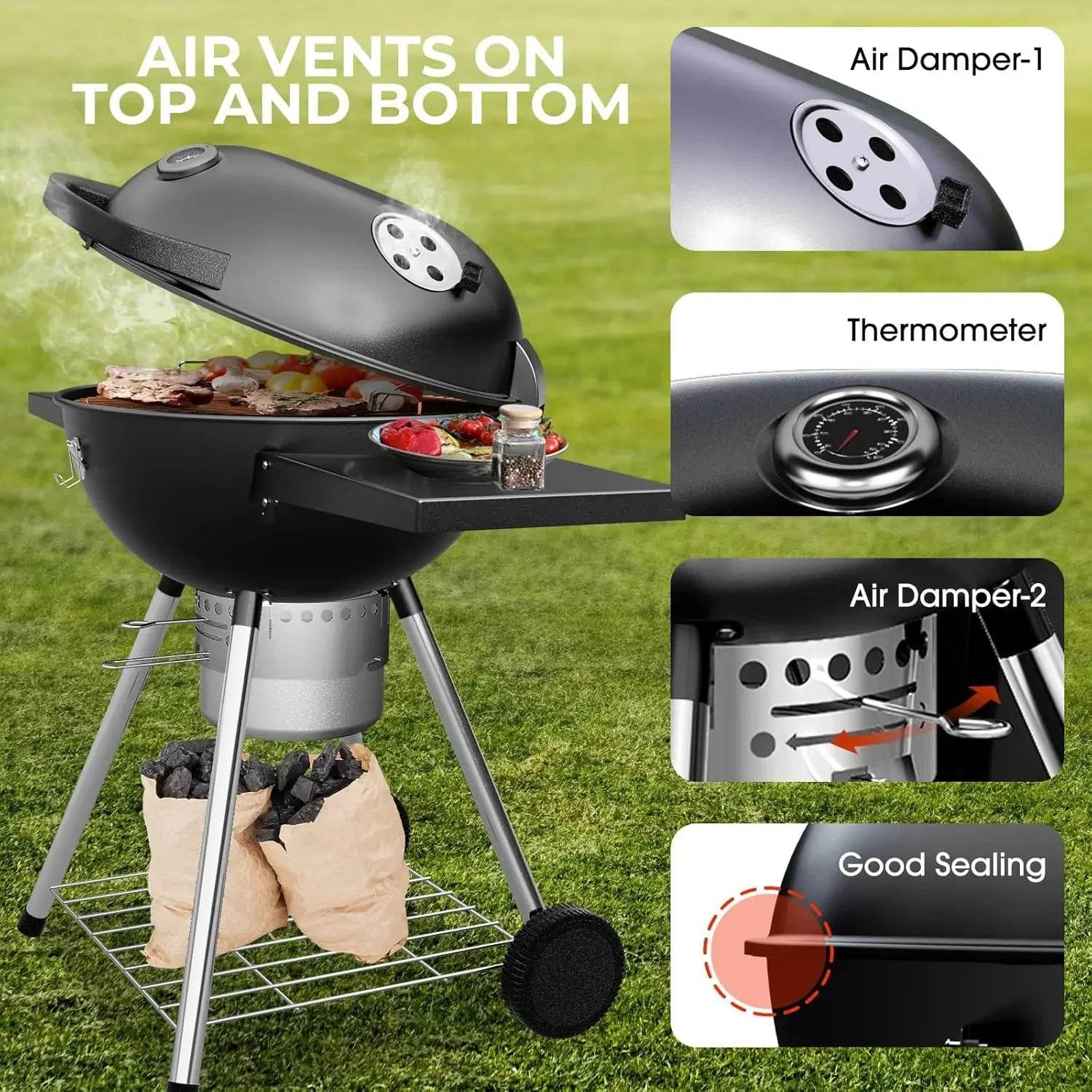 22 Inch Charcoal Grill with 2 Foldable Side Tables,Charcoal Kettle Grills with Wheels,Outdoor bbq Grill,Portable Charcoal Grill - Loft&Timber