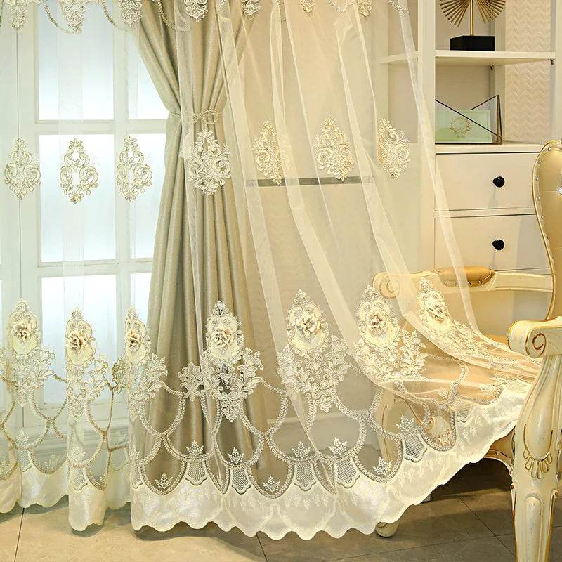 Elegant Double-Layer Curtains with Embossed Base & 3D Embroidered Detailing - Loft&Timber