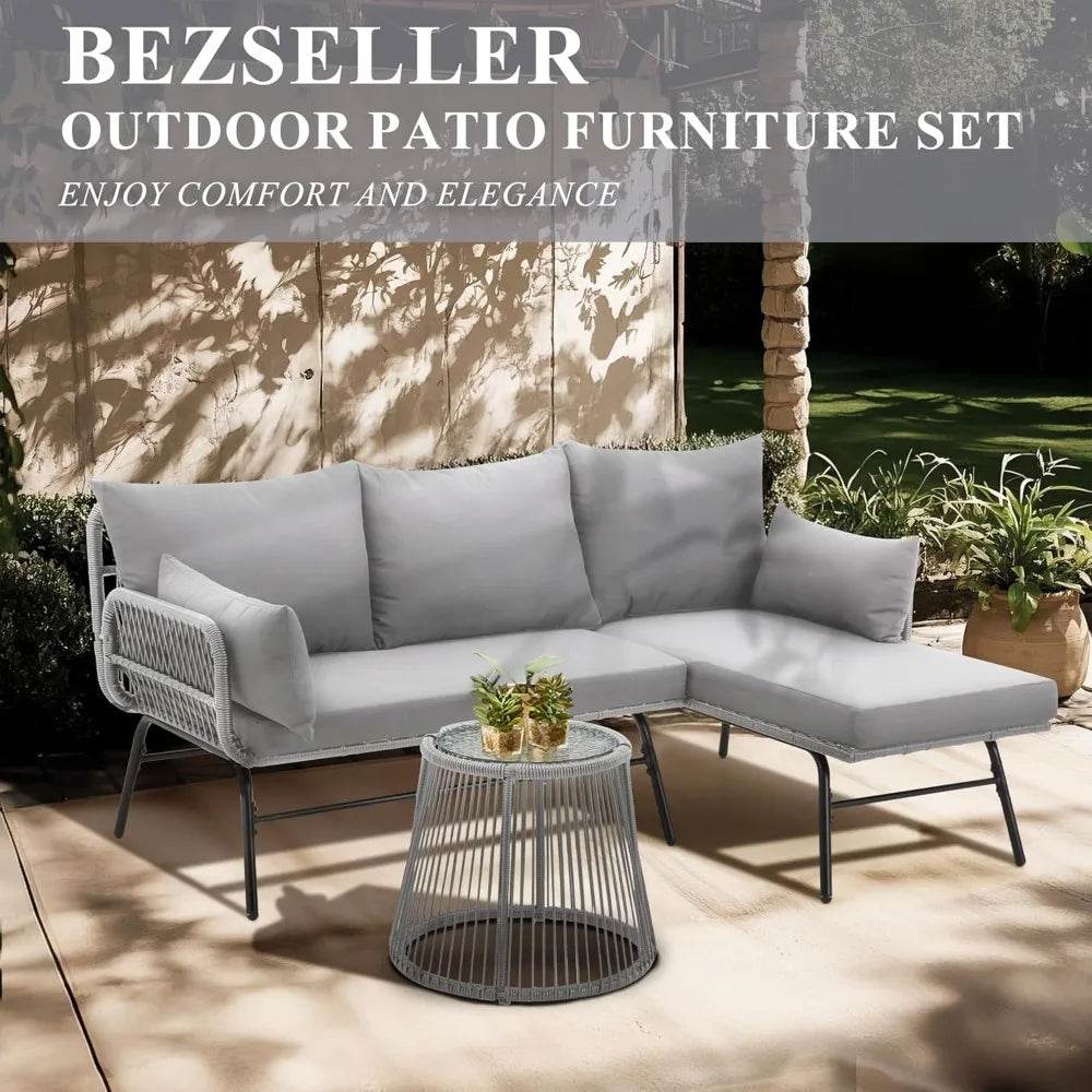 3-Piece Outdoor Patio Furniture Set, L-Shaped Rattan Sectional Sofa with Thick Cushions - Loft&Timber