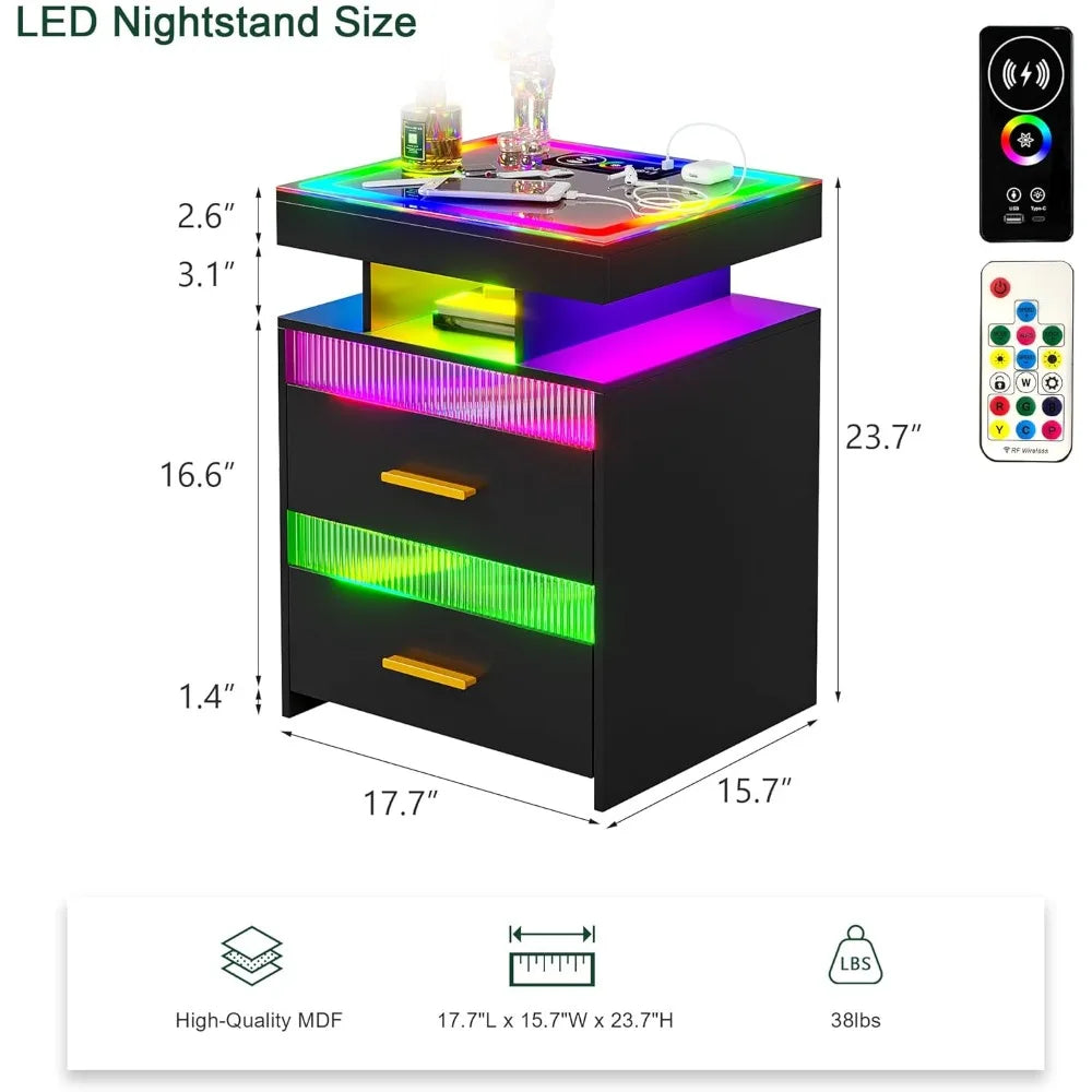 RGB LED Night Stand with Wireless Charging Station, Modern Bedside Table with Human Body Sensor Light, Smart Nightstand with Gl