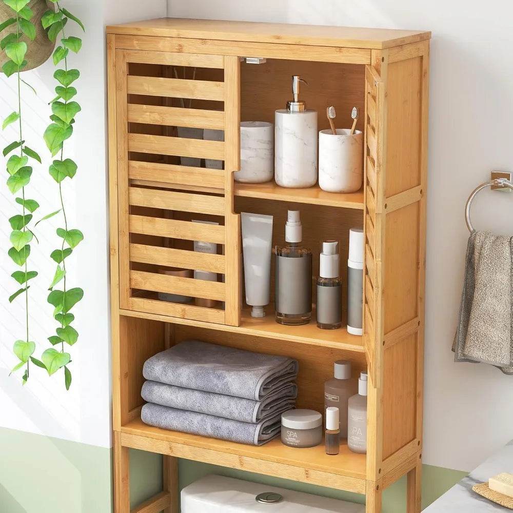 freestanding tall bamboo bathroom shelf with two doors and open storage above toilet - Loft&Timber