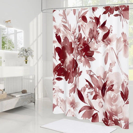 burgundy watercolor floral shower curtain, red plant leaves with flower