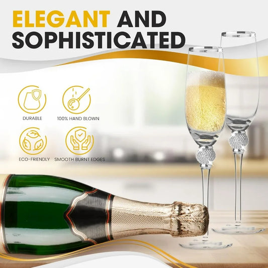 Elegant Crystal Champagne Flutes with Silver Rim and Sparkling Rhinestone Accents