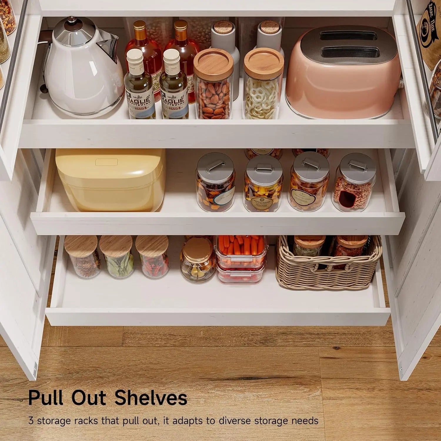 71" Tall Farmhouse Kitchen Pantry Cabinet with 3 Pull Out Shelves & 2 Large Drawers, Pantry Storage Cabinet with 6 Door Shelves - Loft&Timber