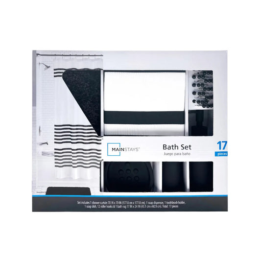 17-Piece Black & White Stripe Polyester/Plastic Shower Curtain