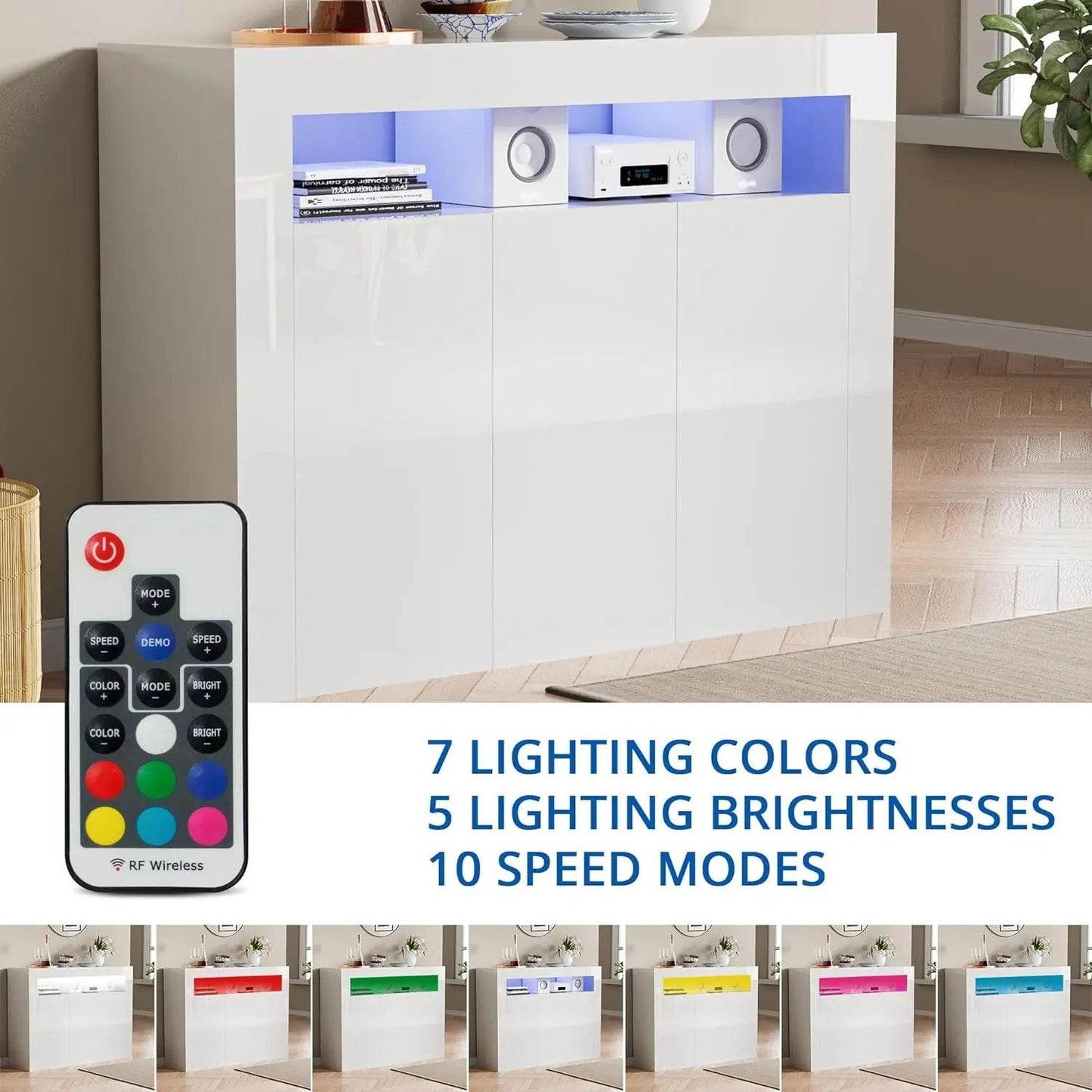 High Glossy Sideboard Modern White Buffet Cabinet with LED Lights - Loft&Timber