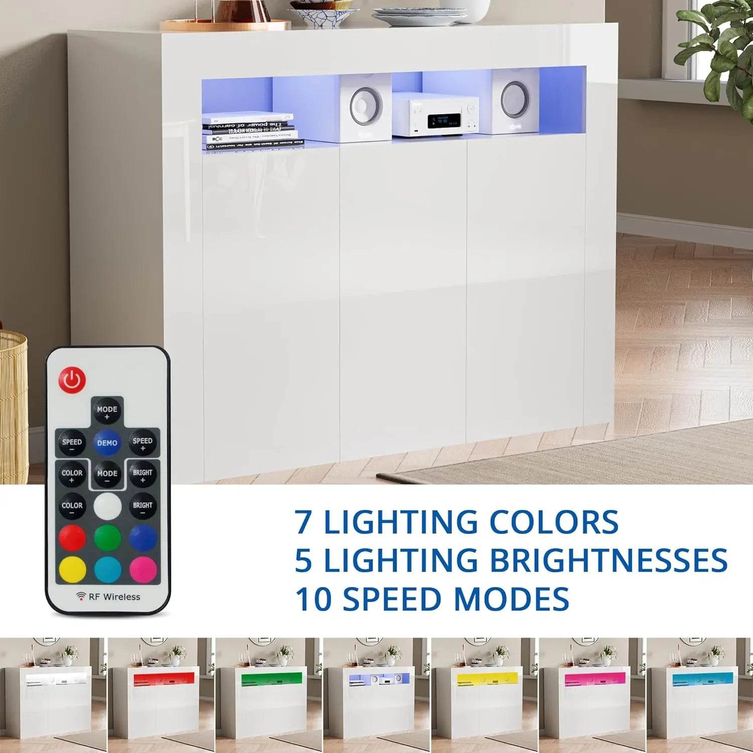 High Glossy Sideboard Modern White Buffet Cabinet with LED Lights - Loft&Timber