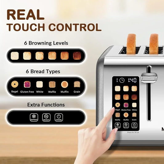 4 Slice Stainless Steel Toaster Touch Screen Dual Control Wide Slots Perfect Bagels Muffins Waffles and Bread