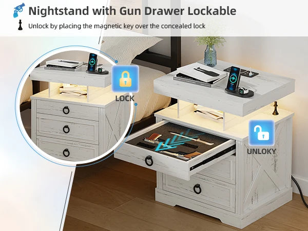 JDPAG Farmhouse Nightstand with Lockable Gun Drawer,3 Color Dimmable LED End Table with Charging Station,Bedside Table with Huma
