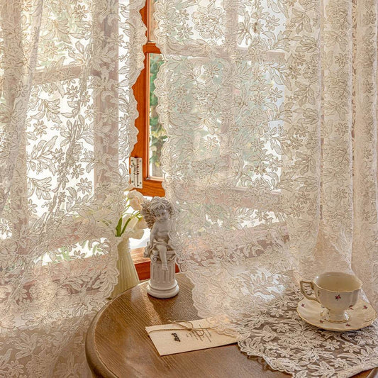 2PC French Vintage Embroidery Lace Beige Sheer Curtains - Loft&Timber