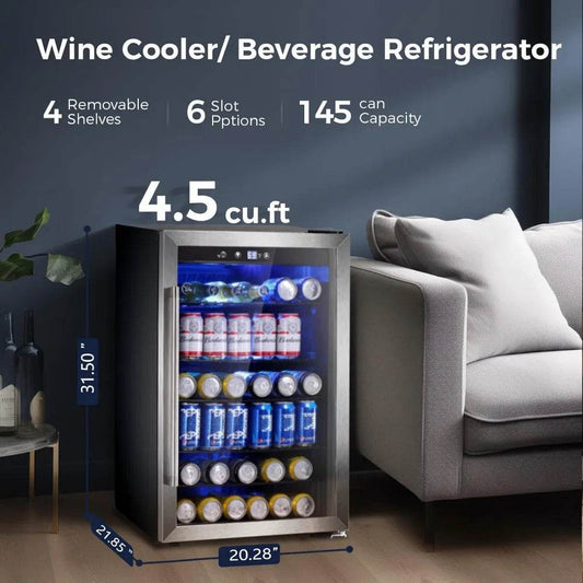 4.5 Cu.ft Beverage Refrigerator and Cooler, 145 Can Mini Fridge Glass Door,Digital Temperature Display