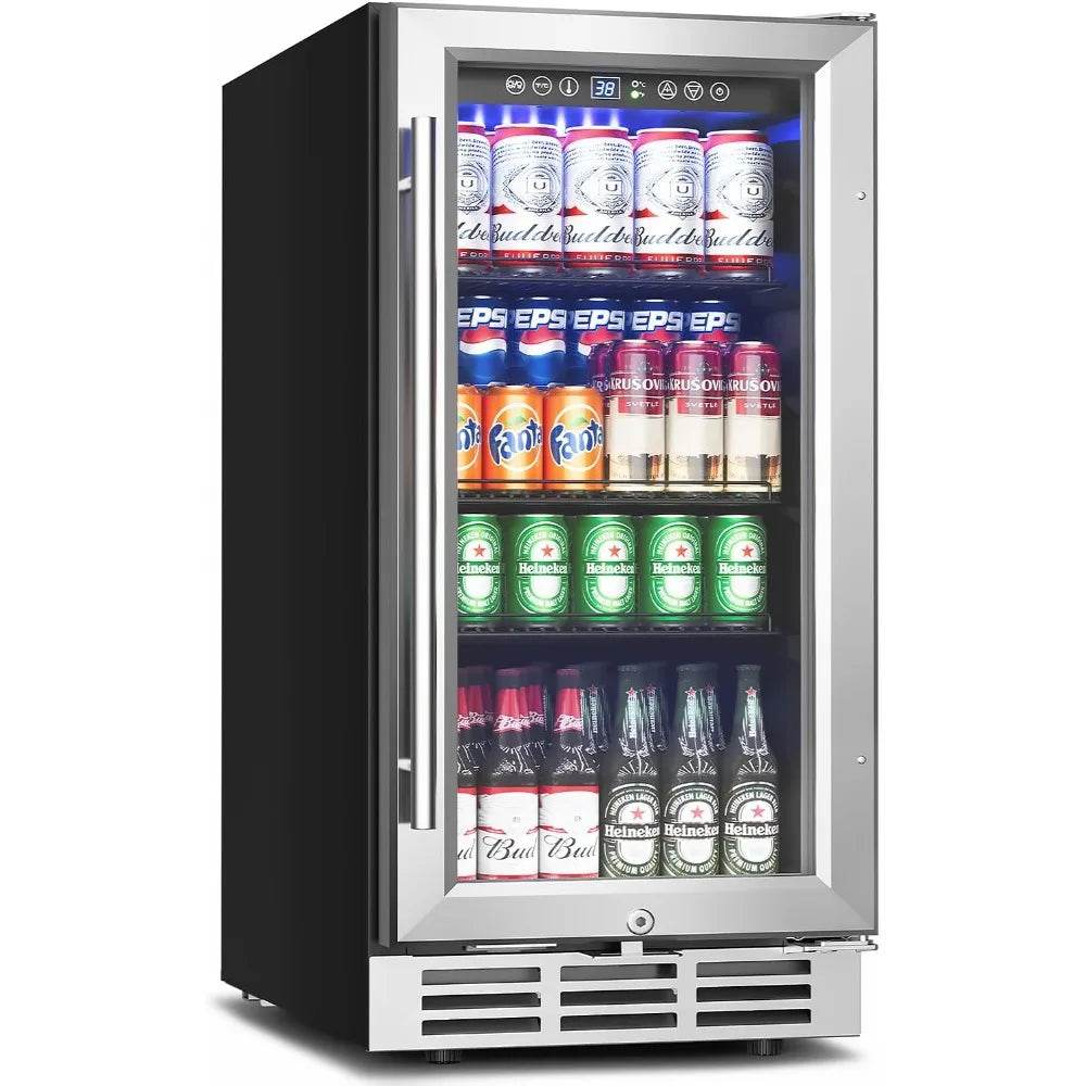 15 Inch Beverage Refrigerator Under Counter - 126 Cans Beverage Fridge with Glass Door for Beer Wine Soda - Built-in