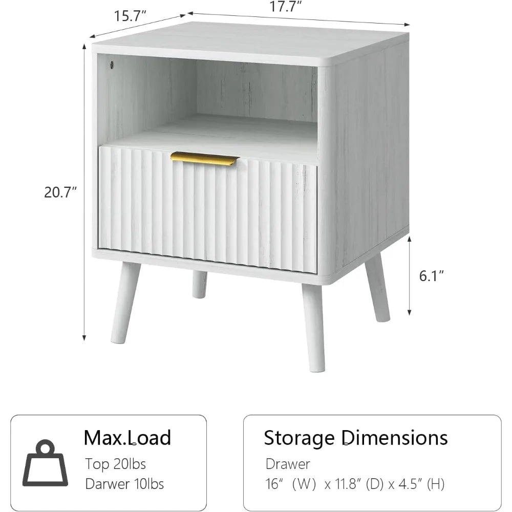 Fluted Nightstand with Drawers, 16'' Wide Wood End Table for Bedroom, Small Space Bedside Table, Modern Night Stand for Living