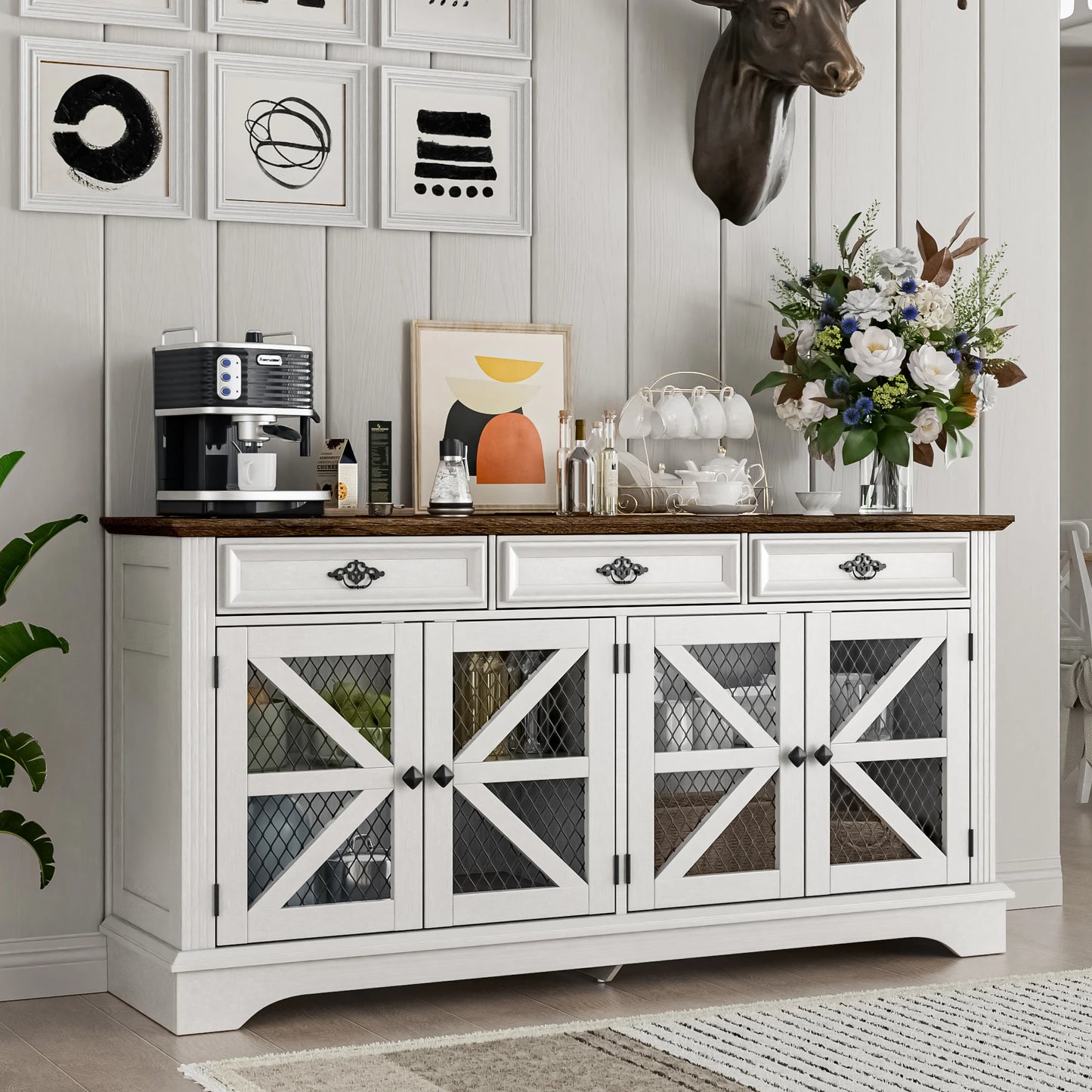 ZBOM 63" Farmhouse Buffet Sideboard Cabinet with 3 Drawers and Charging Station - Loft&Timber