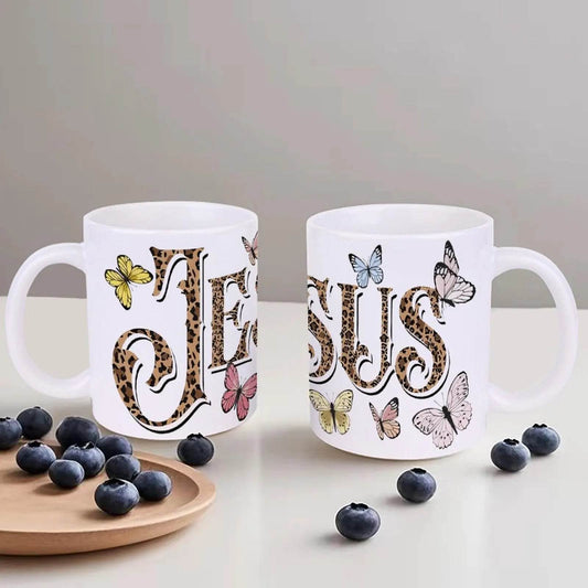 The Word Jesus Surrounded By Butterflies And Leopard Print Ceramic Coffee Mug Bible Verse Cup, 330ml Drinkware - Loft&Timber