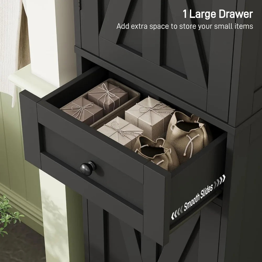 67" h tall bathroom cabinet, narrow storage cabinet with 2 barn doors and 1 drawer, freestanding floor cabinets with 6 shelves