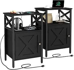End Table Set of 2 with Charging Station, Side Table with Power Outlet & USB Ports, Nightstand with 2 Tiers Storage Space and St