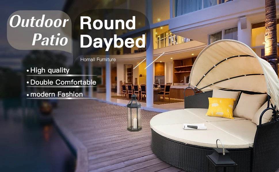 Patio Outdoor Daybed with Retractable Canopy Rattan Wicker Seating - Loft&Timber