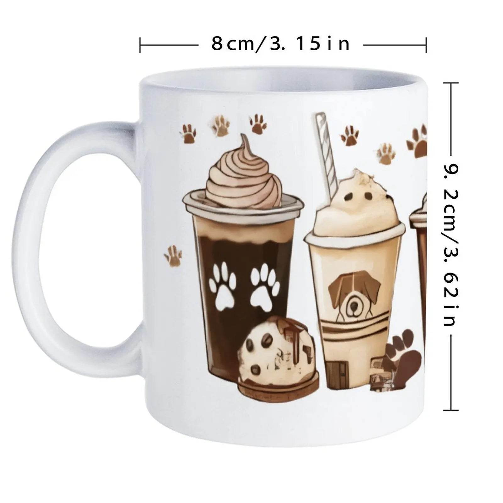 Four Coffee Cups With Paw Prints And Ice Cream. Coffee Cups, 330ml White Ceramic Sublimation Cups - Loft&Timber