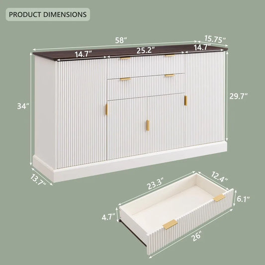 58" White Fluted Buffet Cabinet with Storage - Loft&Timber